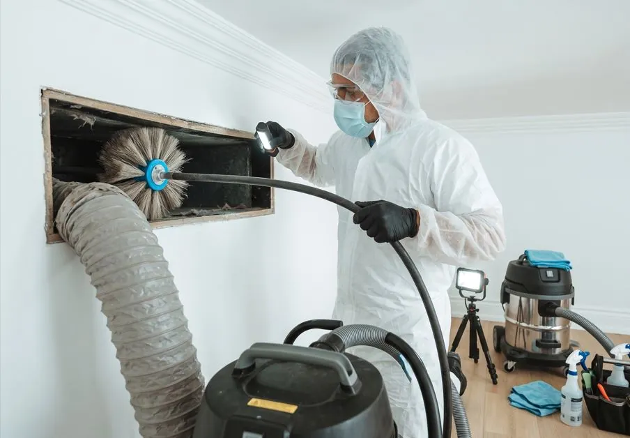 A professional technician in a protective suit using a rotary brush system to remove dust and debris from residential air ducts in Los Angeles.