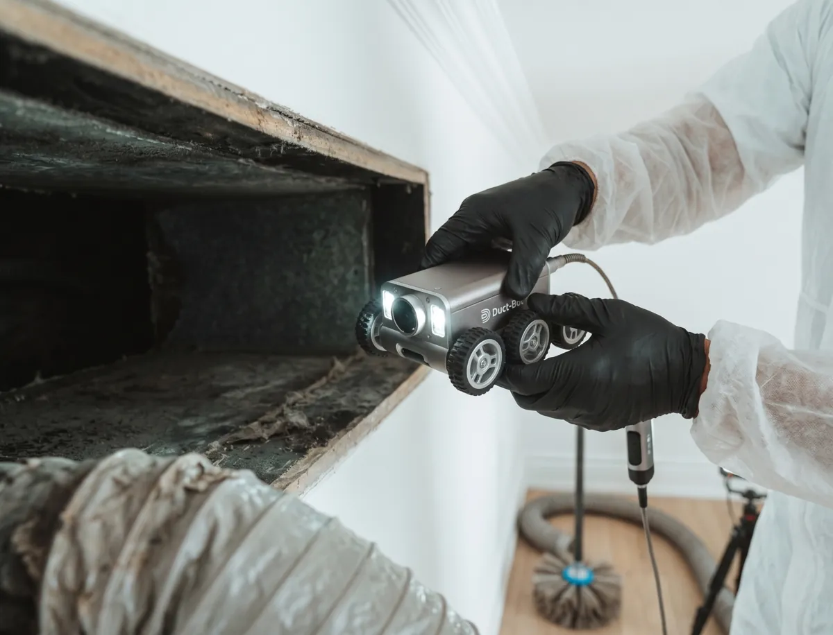 A professional HVAC technician using a remote-controlled robotic camera to inspect a residential air duct for dust and debris in Los Angeles.