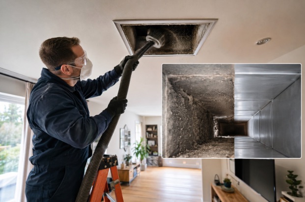 Professional air duct cleaning technician removing dust and debris from HVAC ducts inside a modern home for improved indoor air quality.