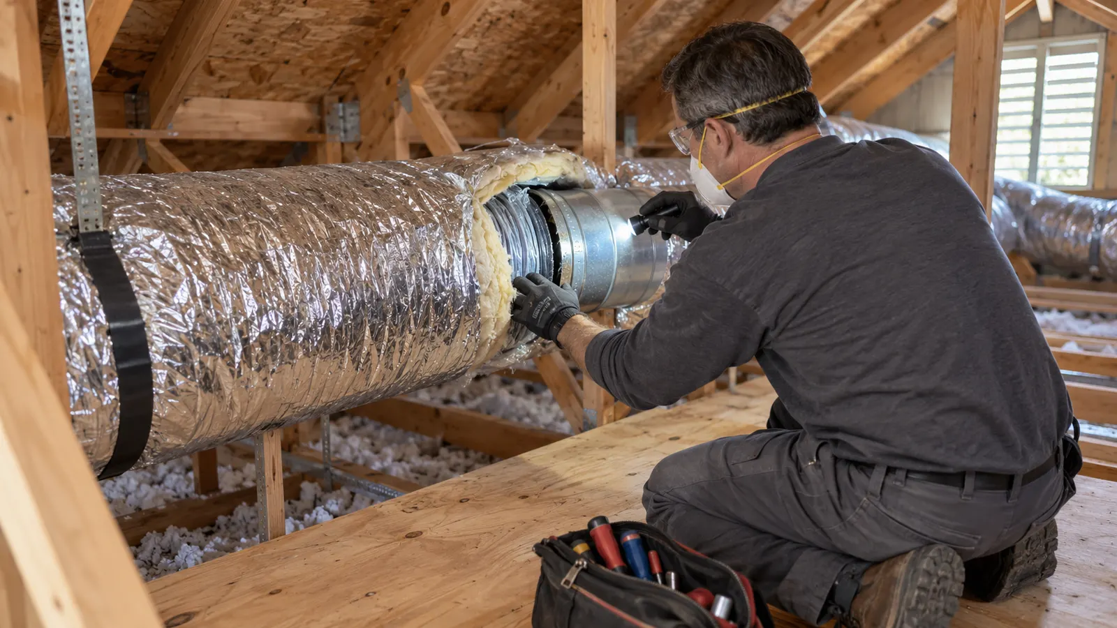 Technician inspecting a loose connection in residential air ductwork.