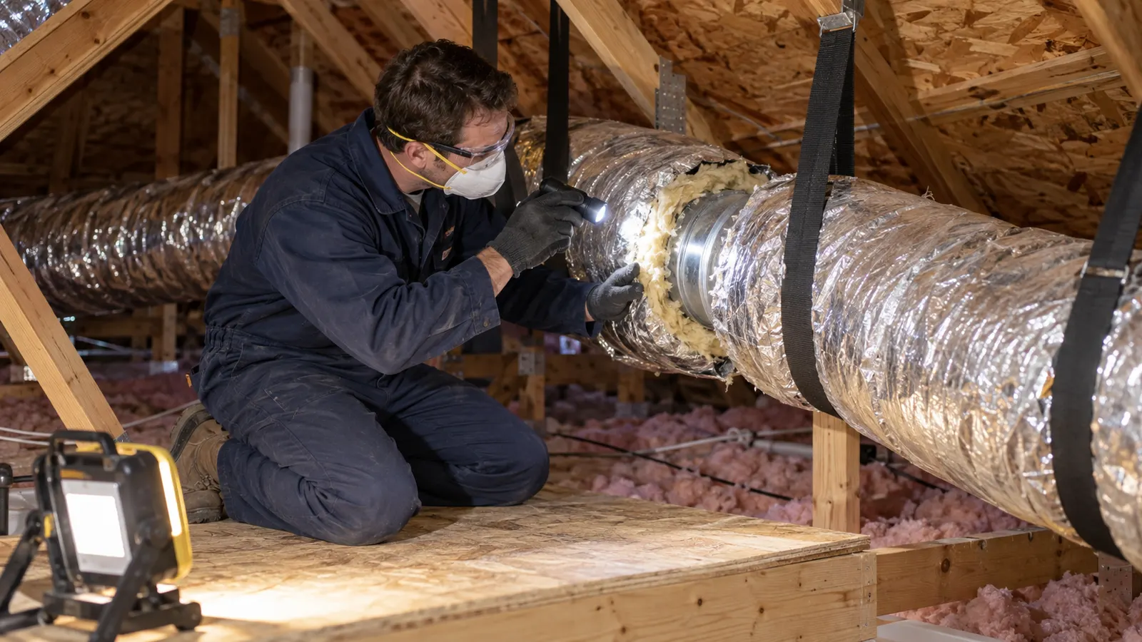 Technician inspecting an insulated duct connection in a residential attic.