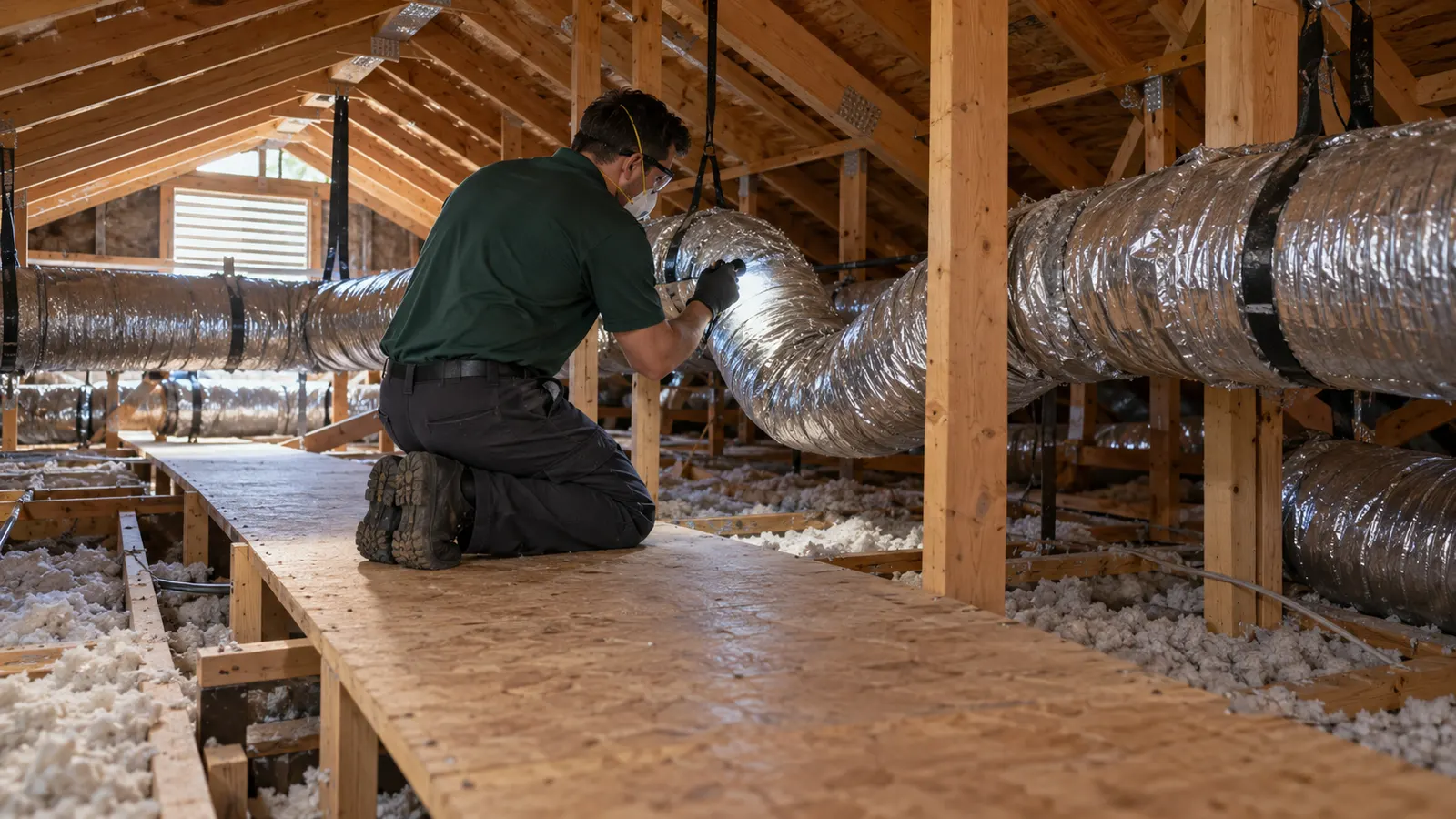 HVAC technician inspecting the bends and support straps of insulated ductwork inside a residential attic.
