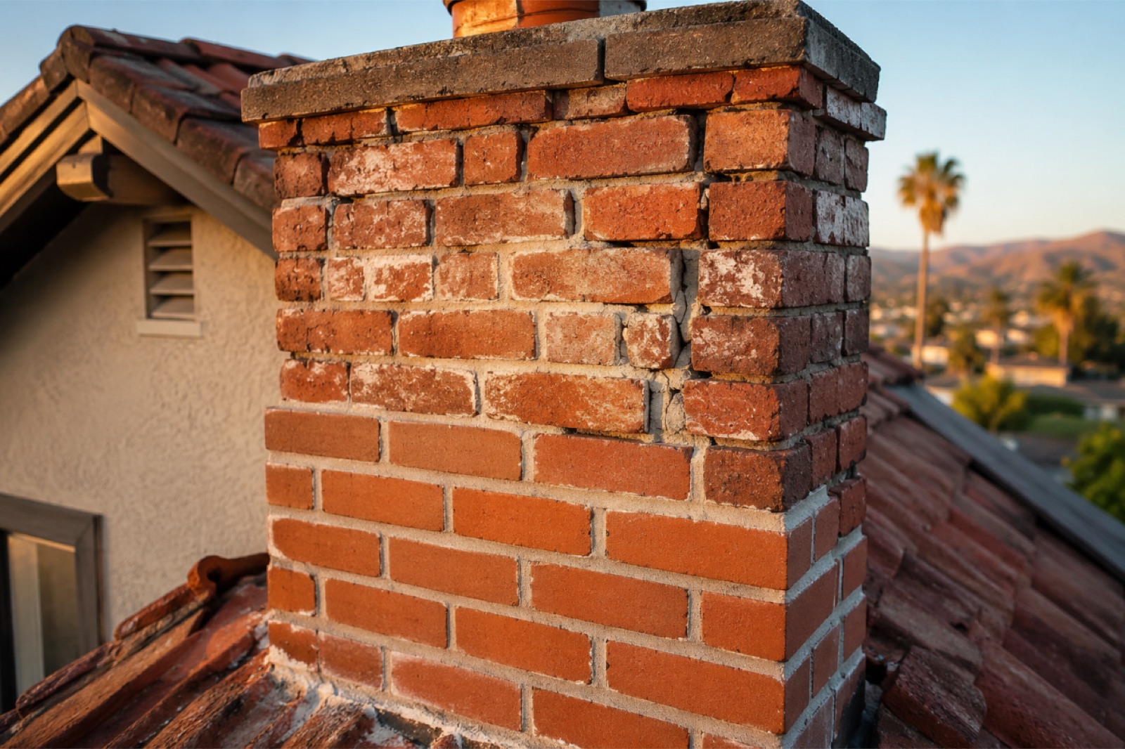 Brick masonry chimney repair and repointing on residential home in Los Angeles