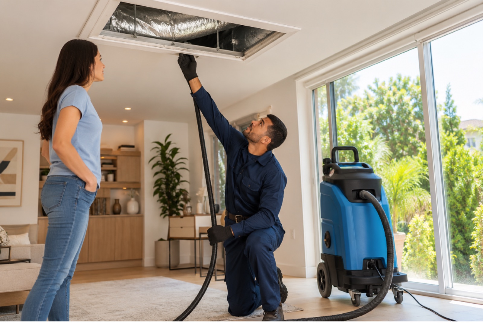 Certified HVAC technician inspecting a residential air duct system in a Los Angeles home.