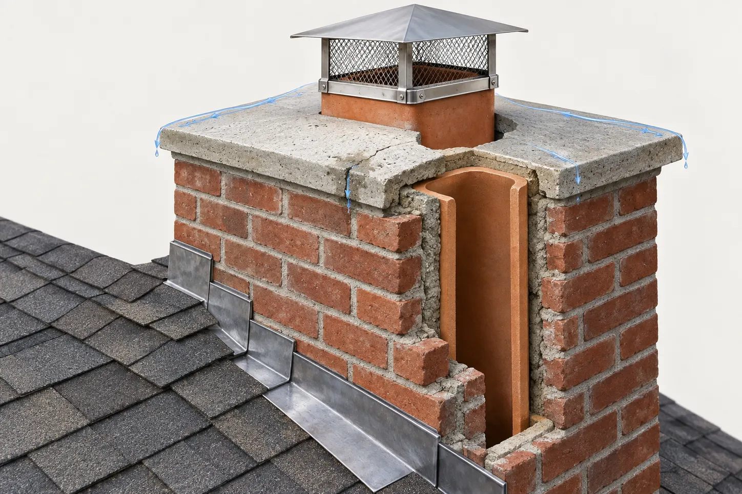 Chimney crown, cap and flashing components on a residential chimney