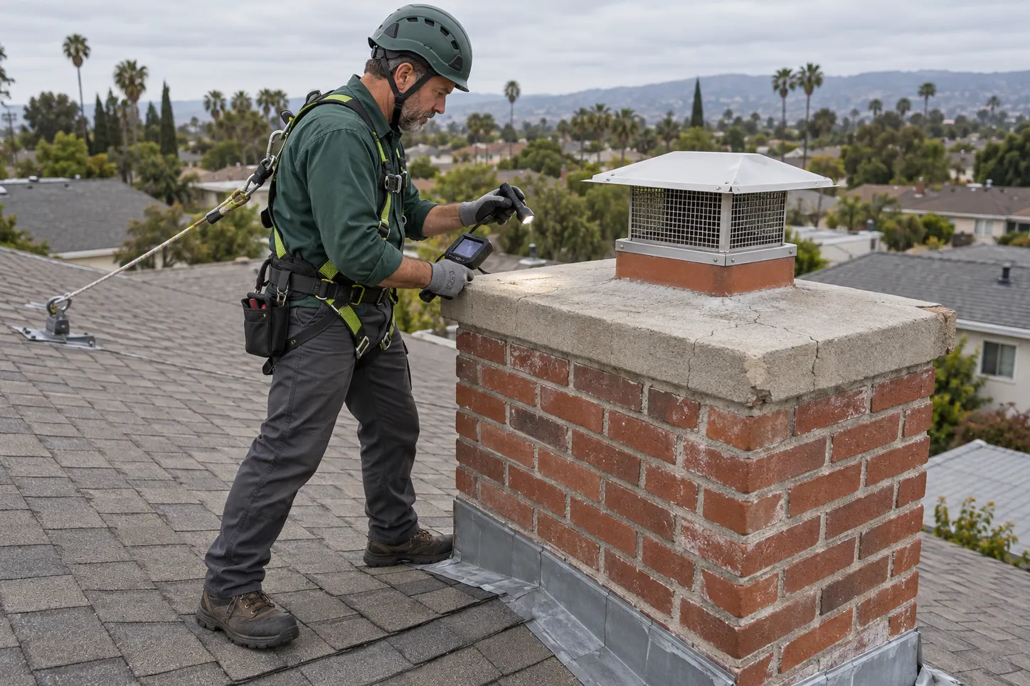 Professional inspecting chimney crown damage before seasonal rain