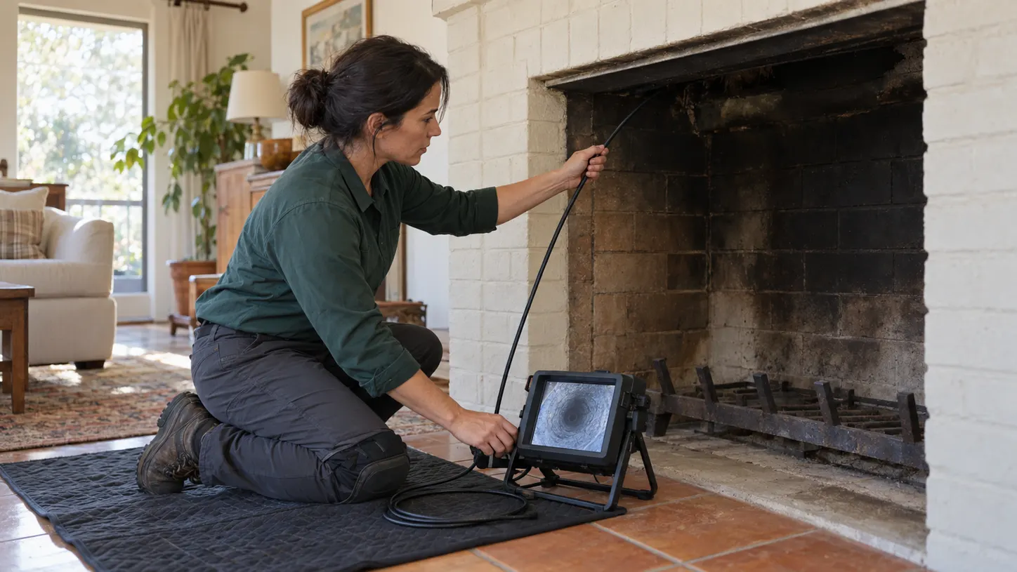 Technician using a chimney inspection camera and monitor beside a wood-burning fireplace.