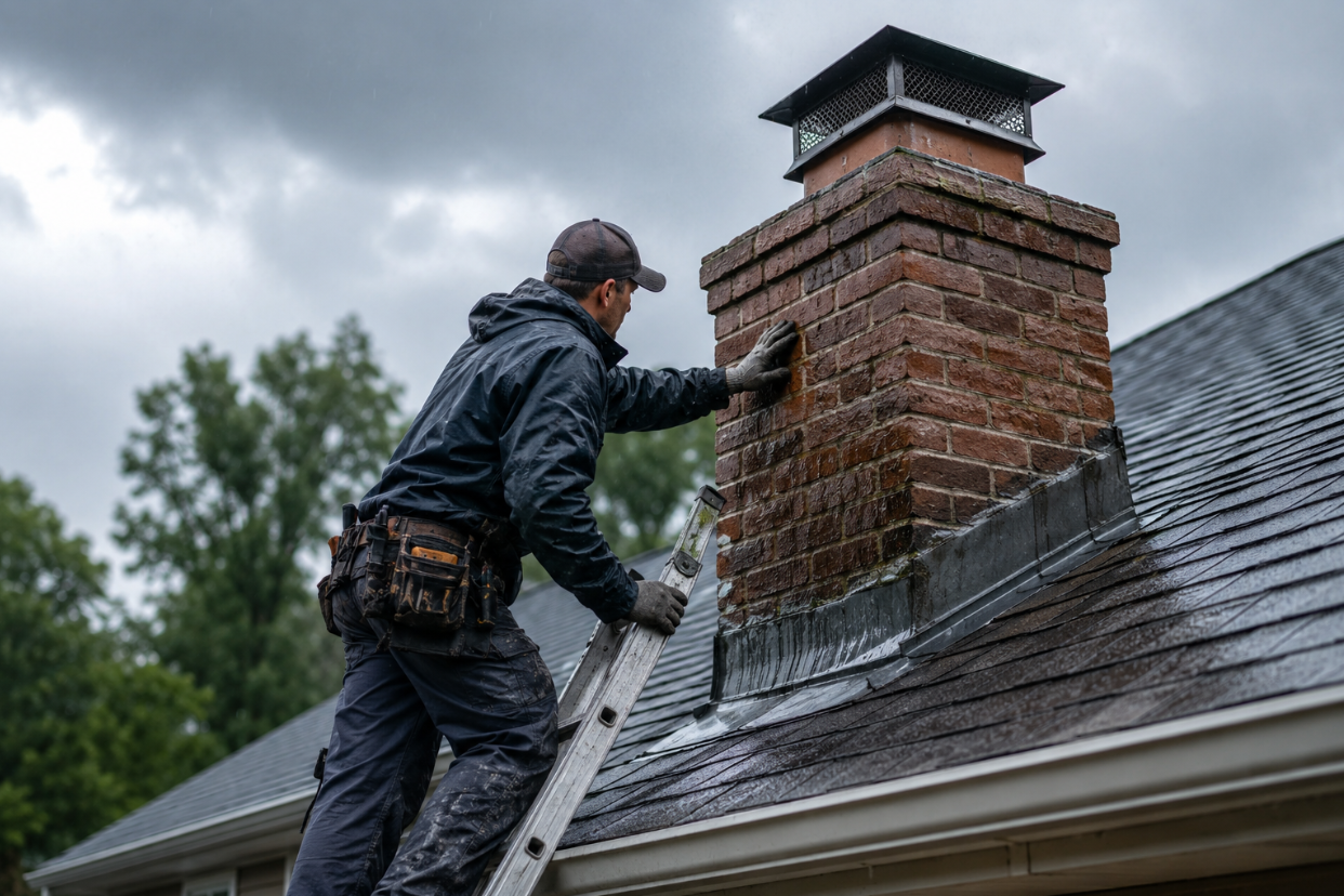 Professional chimney technician inspecting a leaking brick chimney and flashing on a suburban home roof during light rain under an overcast sky.