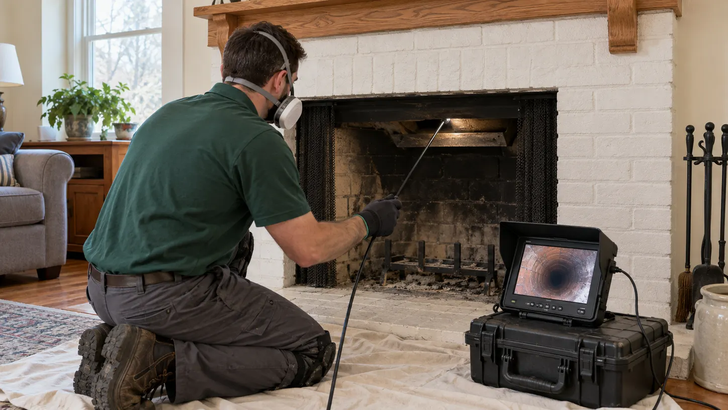 Technician in a green uniform inspecting a chimney with a camera and viewing the flue on a monitor.