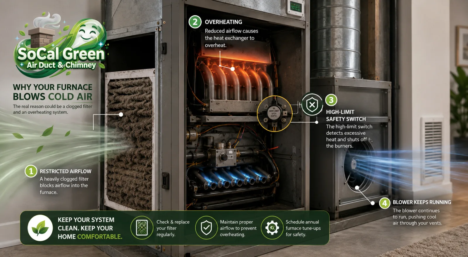 HVAC furnace with a clogged air filter showing restricted airflow, overheating, high-limit safety shutdown, and cool air continuing through the vents.