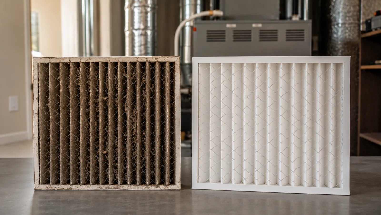 Comparison of a dirty furnace air filter and a clean replacement filter showing why regular filter maintenance improves HVAC performance.