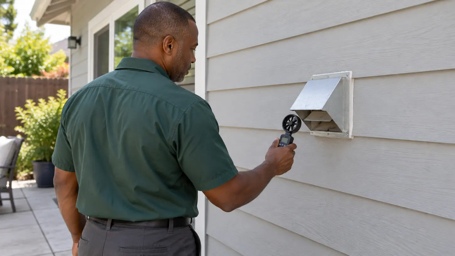 Technician checking airflow at an exterior dryer exhaust hood with a handheld anemometer while the damper is open.
