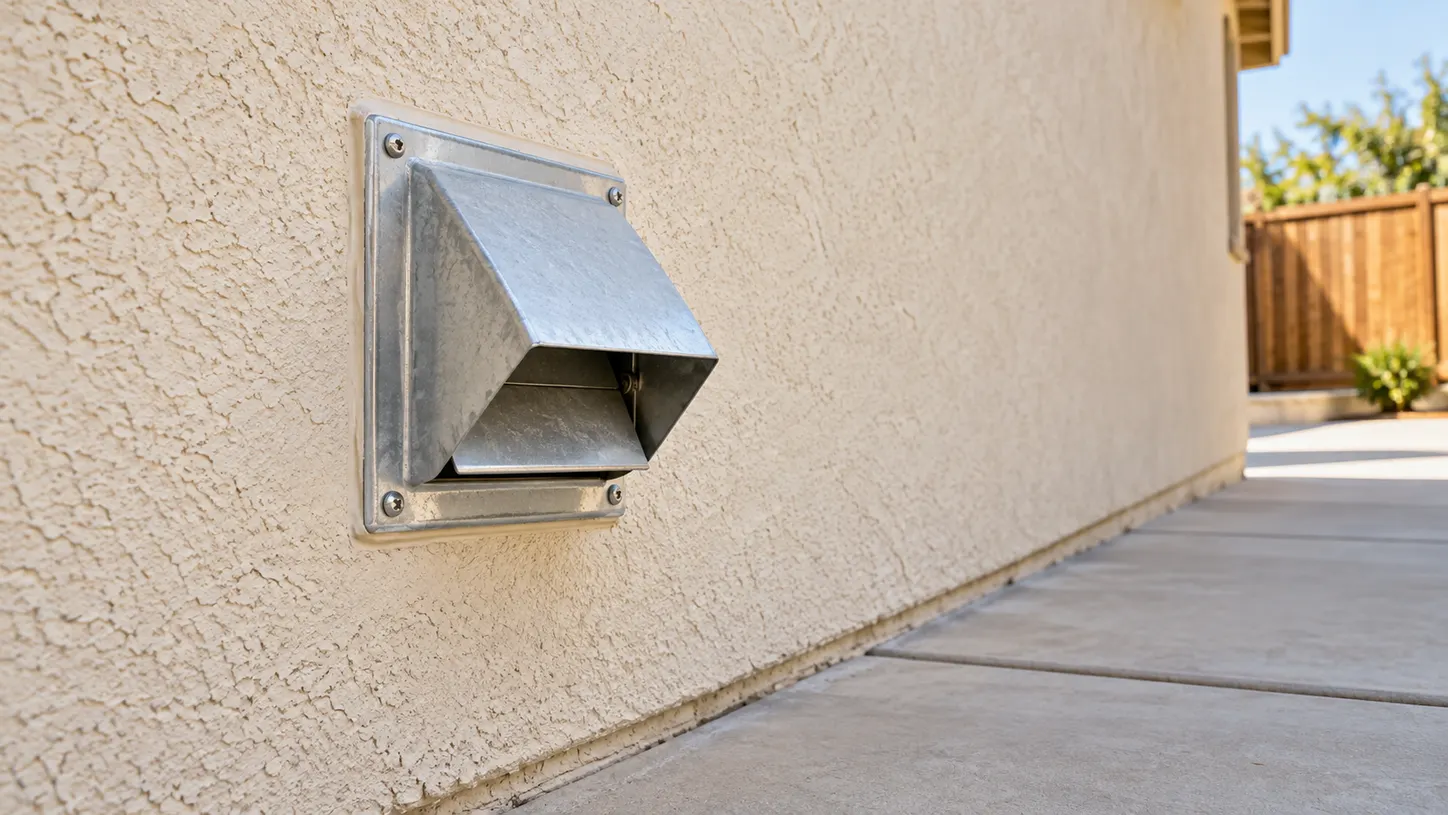 Metal dryer exhaust hood mounted on a stucco wall, with an intact damper and clear space around the outdoor outlet.