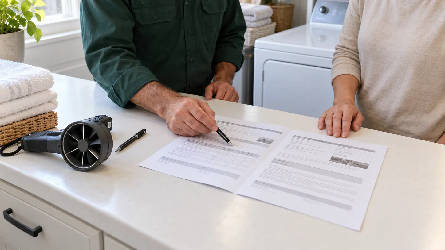 Technician reviewing a written dryer vent airflow inspection report with a homeowner beside her dryer.