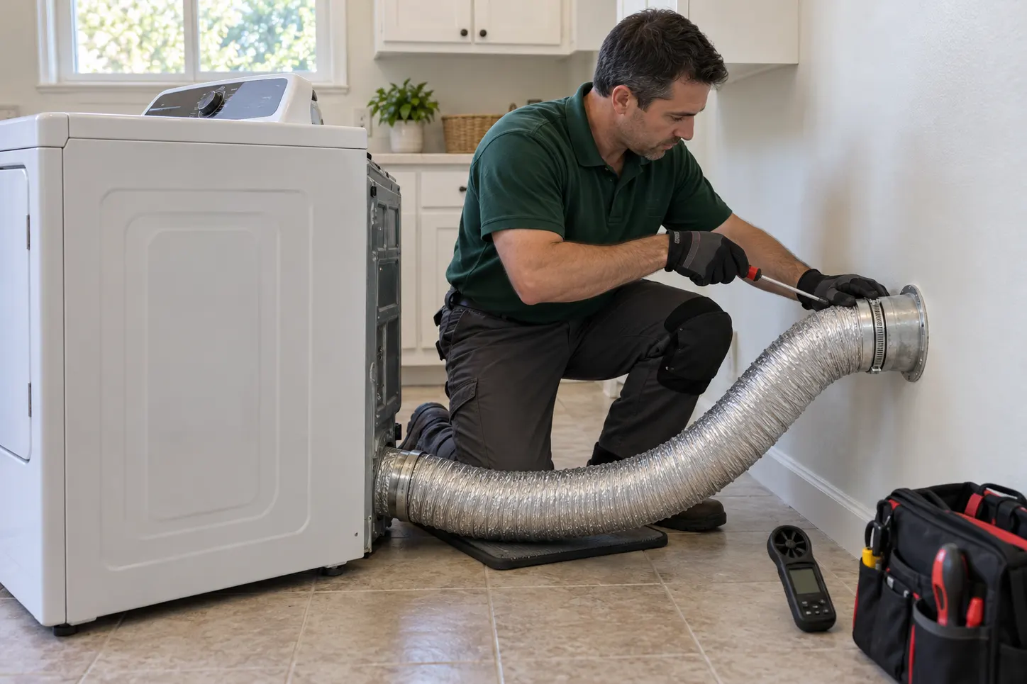 Technician inspecting and reconnecting a residential dryer vent