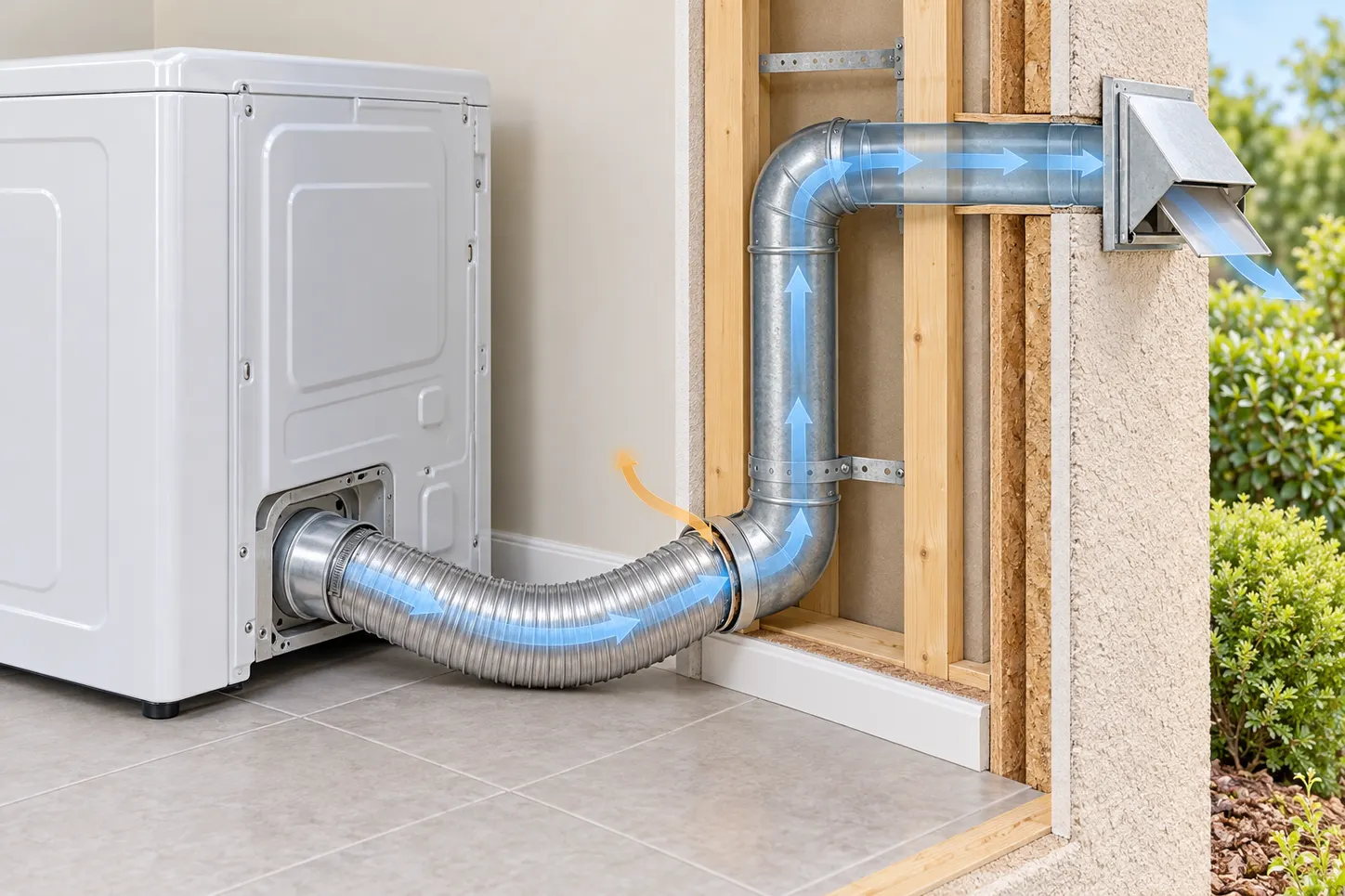 Illustration of a dryer vent leak releasing warm moist air indoors