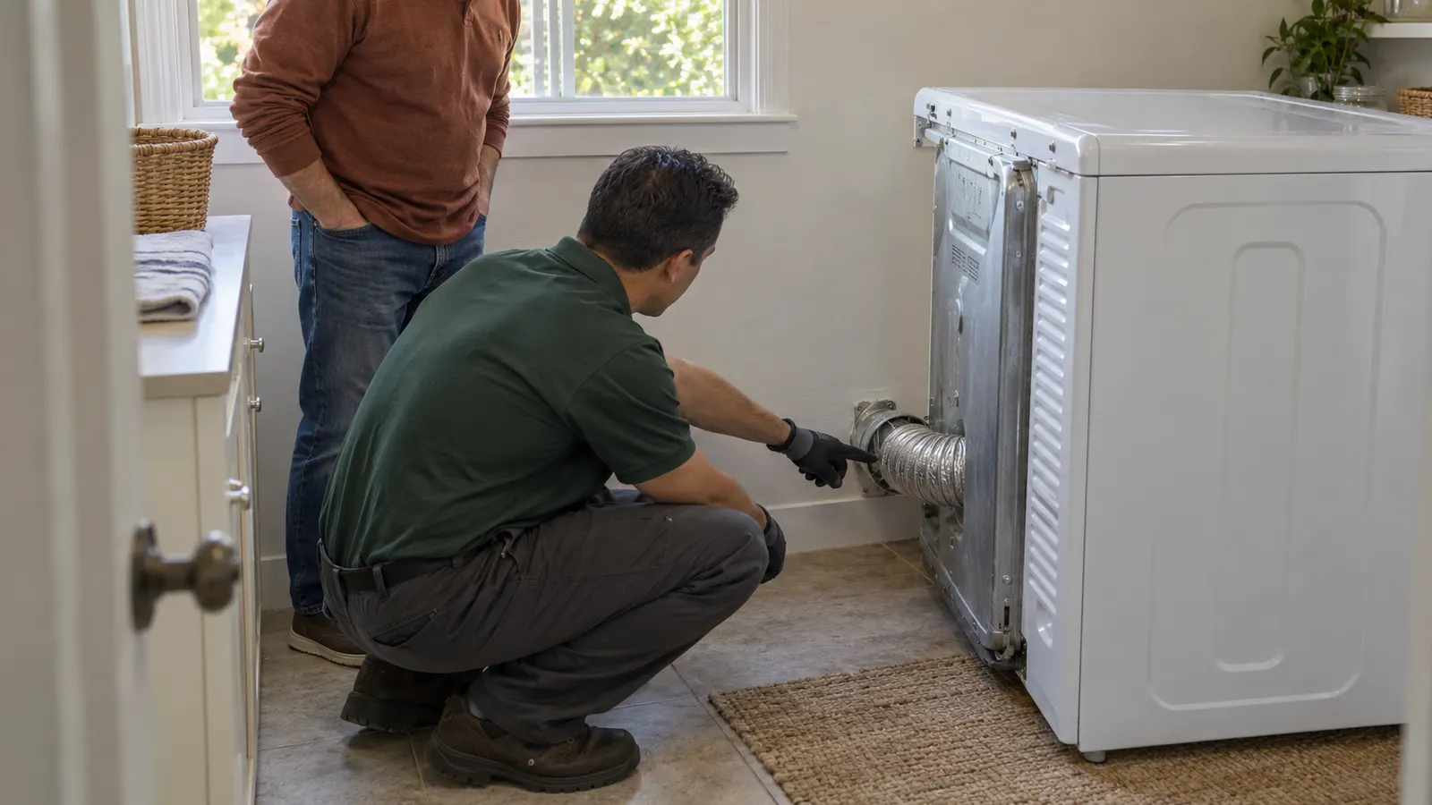 Technician in a forest-green uniform showing a homeowner a loose dryer vent connection behind the appliance during a repair assessment.