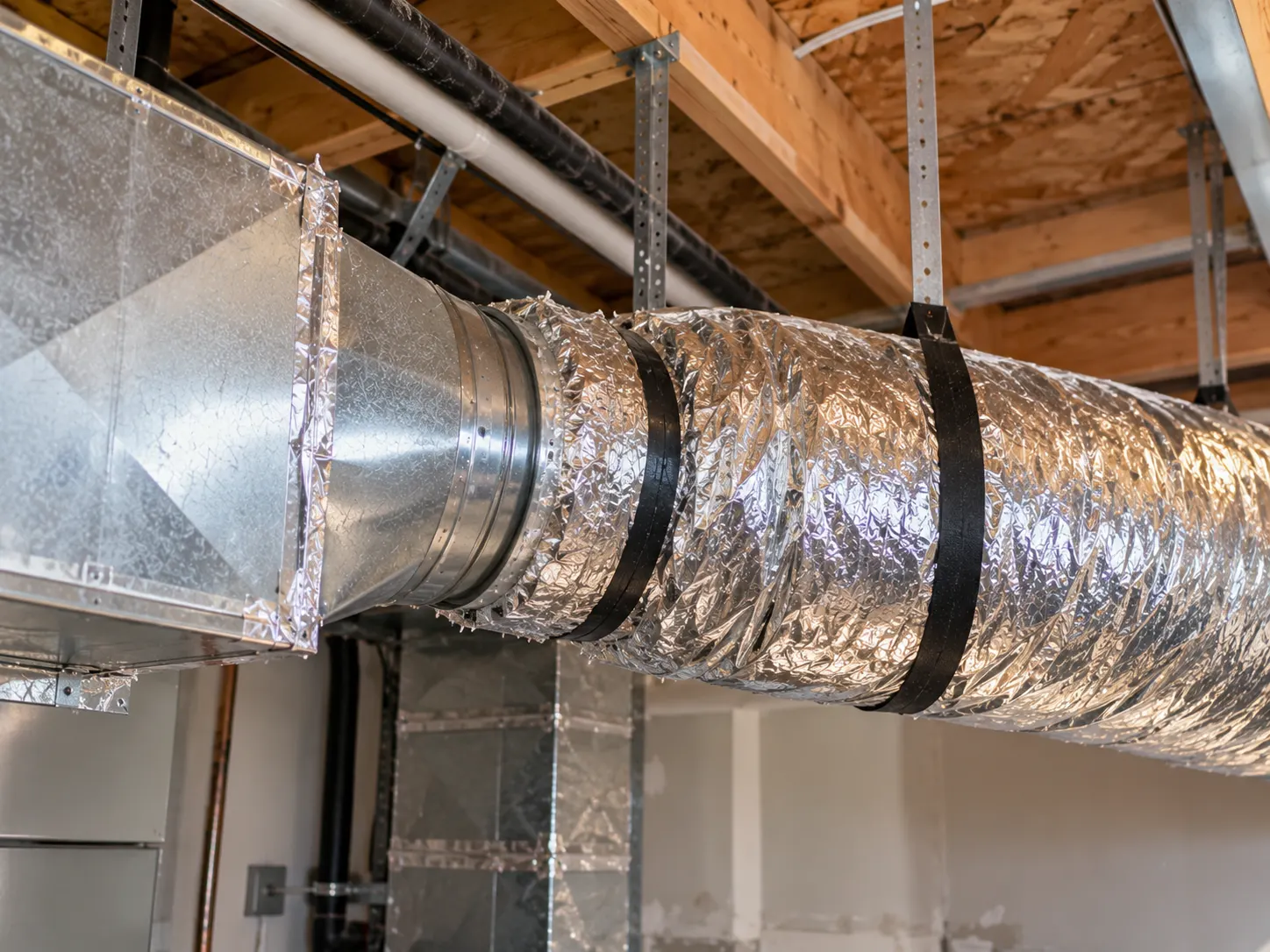 Existing duct trunk connected to an insulated branch section.