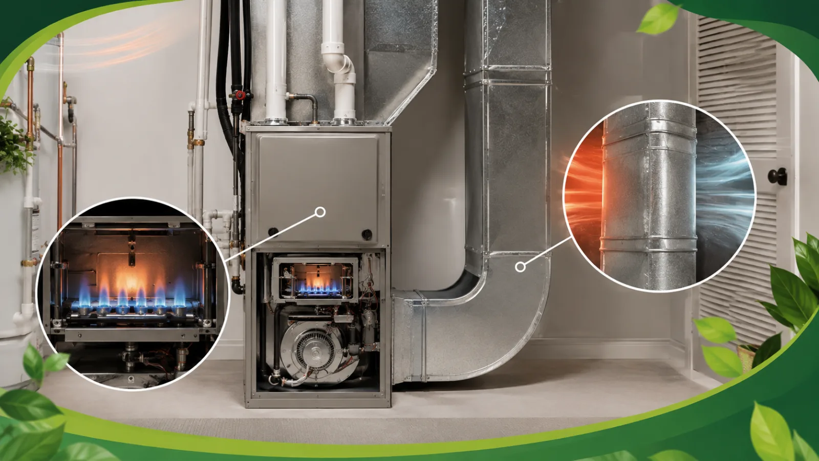 Gas furnace with a cutaway view of lit burners and a duct run showing hot and cold airflow causing banging and popping noises.
