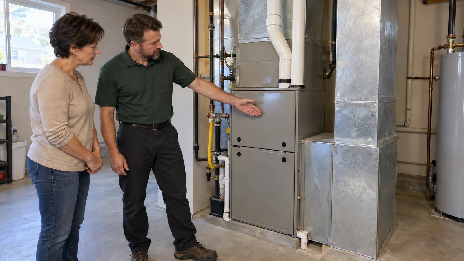 Technician explaining the furnace and connected ductwork to a homeowner.