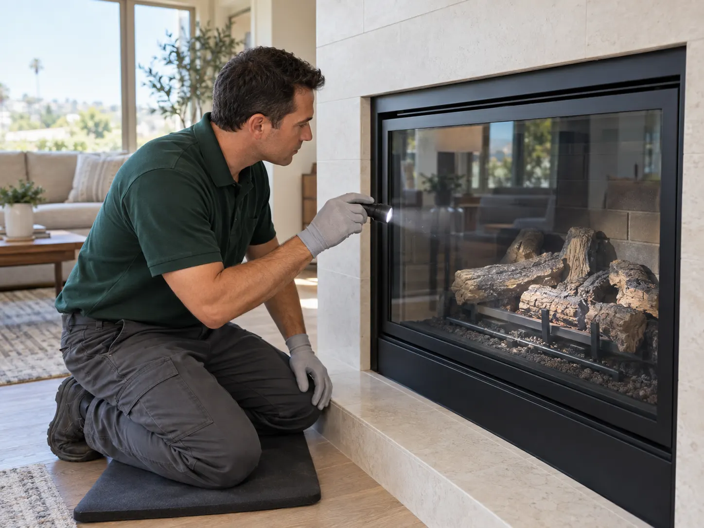 Technician in green workwear inspecting an unlit gas fireplace with a flashlight.