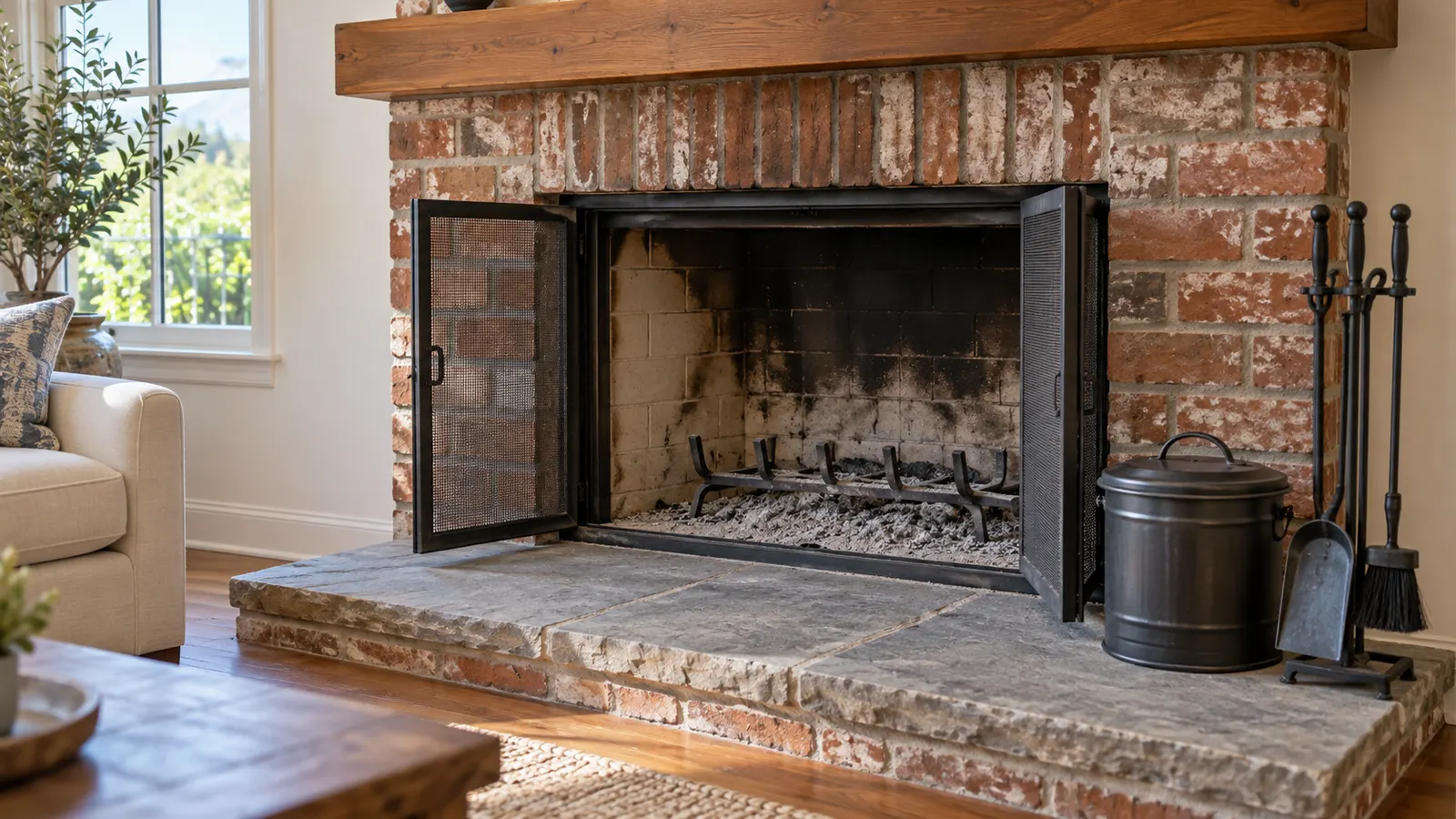 Wood-burning fireplace with ash, soot-darkened firebrick, and cleaning tools beside the hearth.