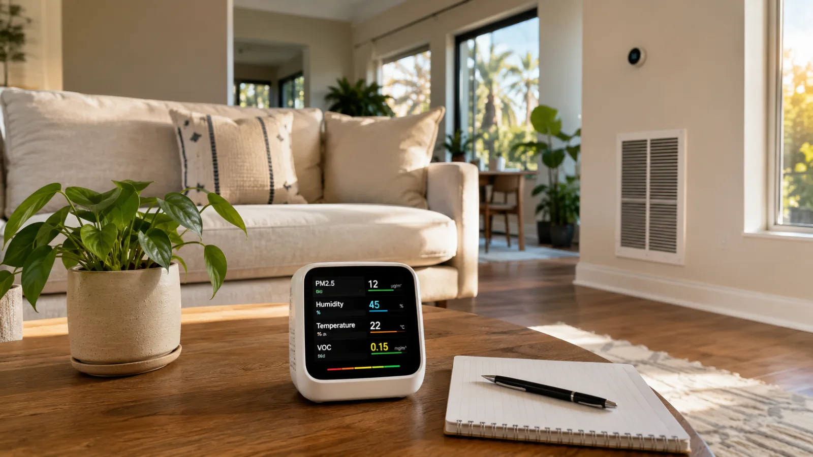 Homeowner comparing a DIY air quality monitor with professional indoor air quality testing tools inside a Los Angeles home.