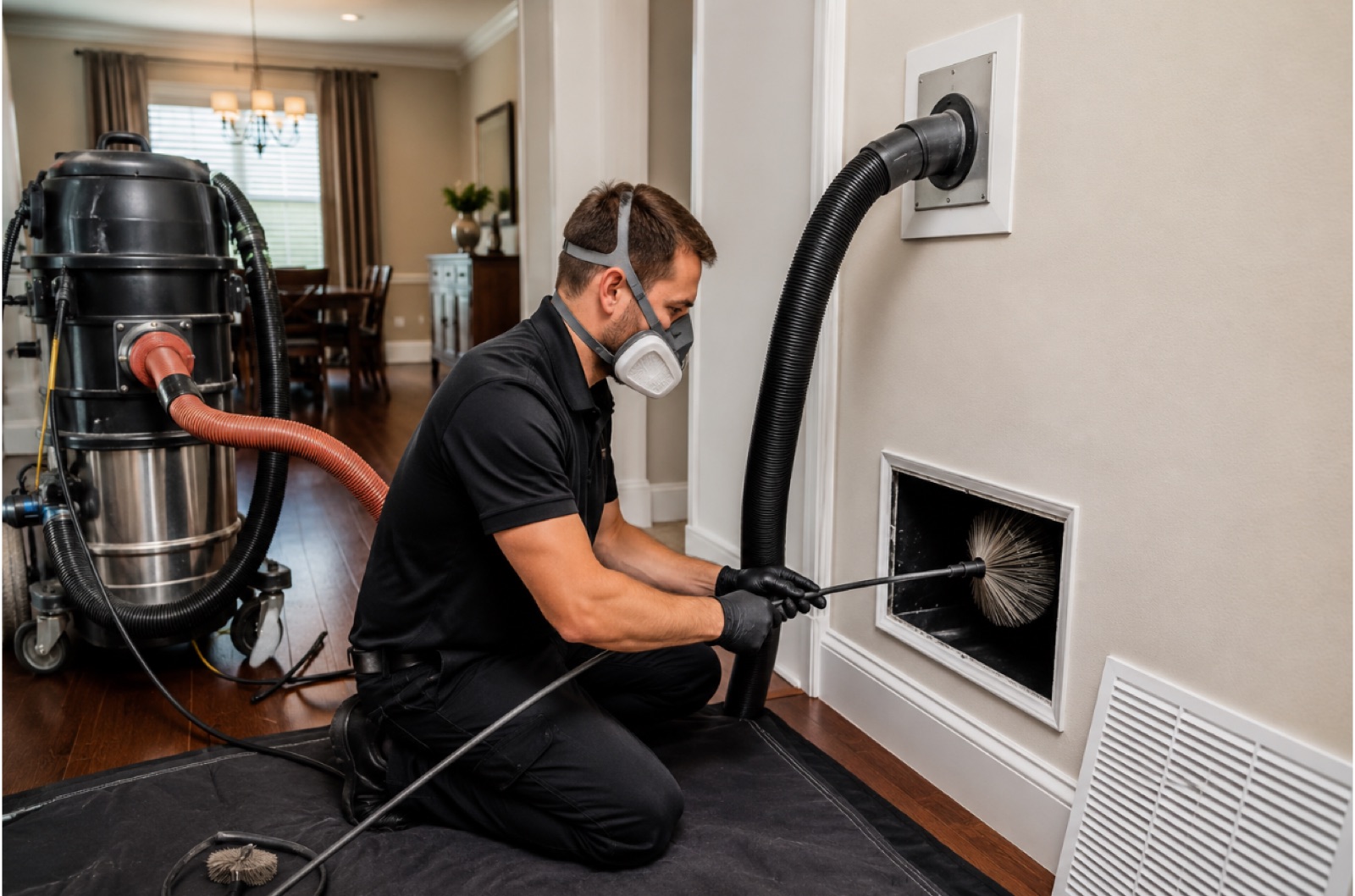 Professional technician inspecting residential air ducts during a home HVAC cleaning service