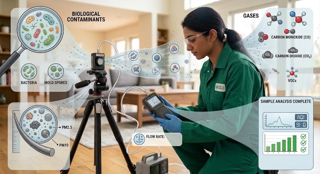 Illustration of pollutants an indoor air quality test measures