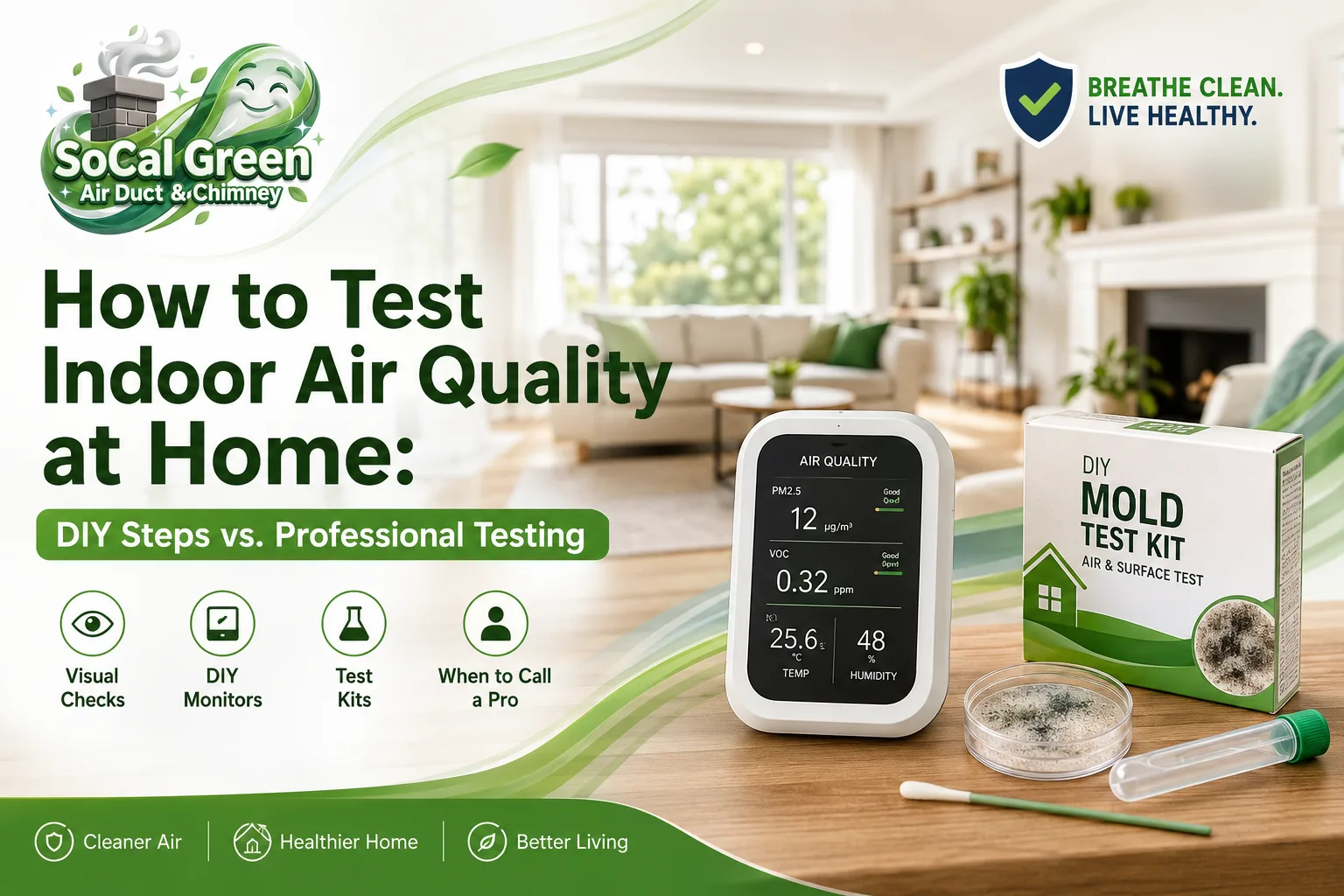 Homeowner using a portable indoor air quality monitor in a clean modern Los Angeles living room.