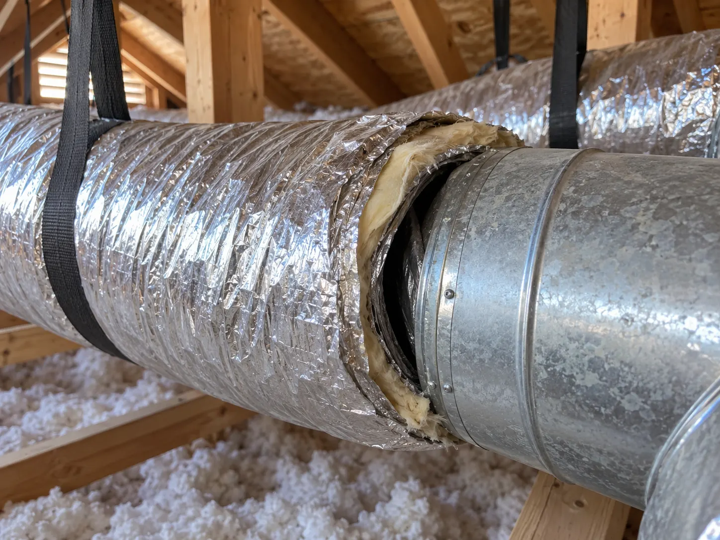 Separated duct connection with a visible opening at the fitting.