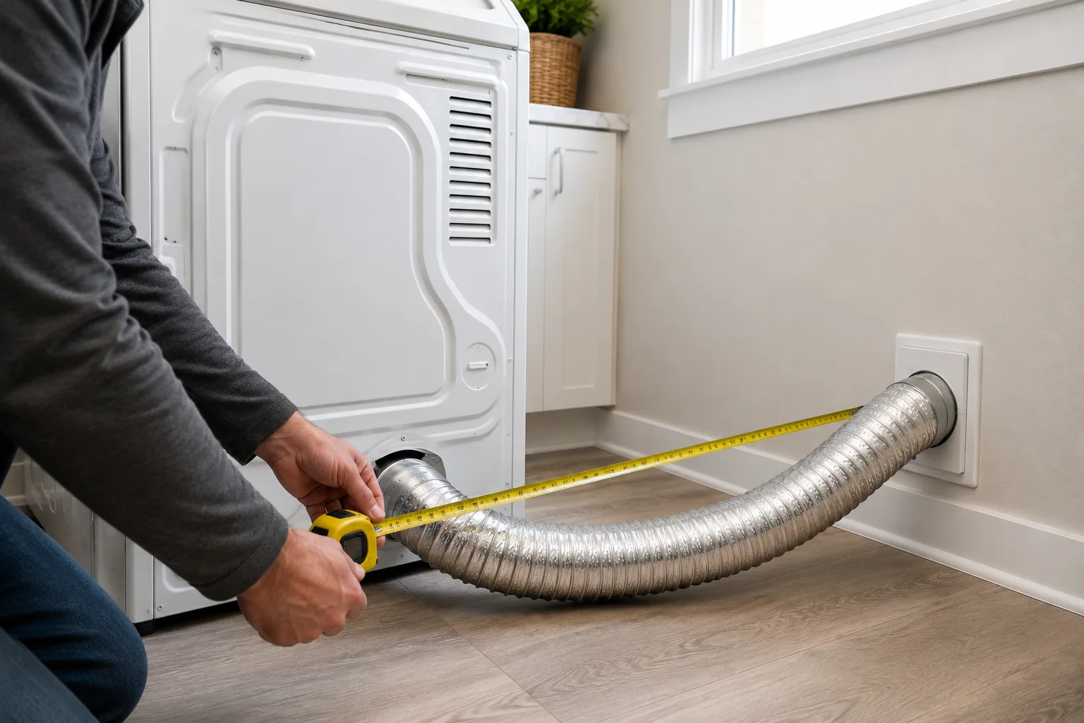 Measuring the length of a metal dryer vent hose between a dryer and wall vent