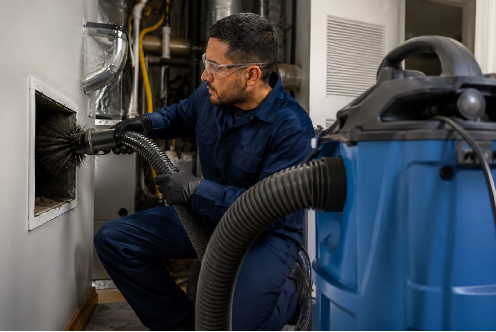 Professional technician using negative-pressure vacuum equipment for residential air duct cleaning.