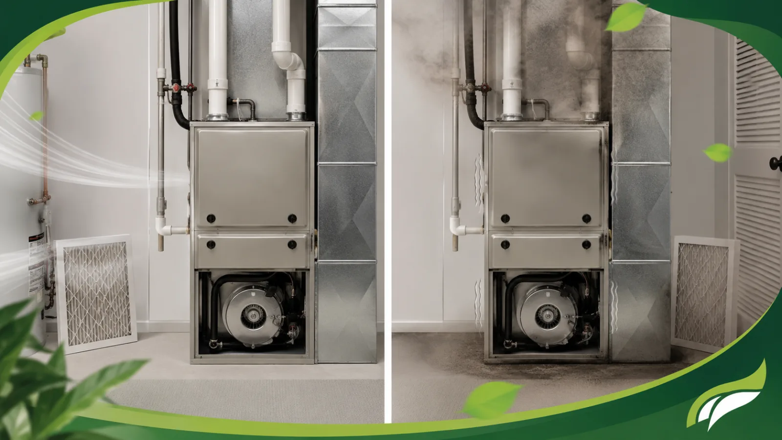Side-by-side comparison of a clean, quietly operating furnace and a sooty furnace vibrating with abnormal noise during heating operation.