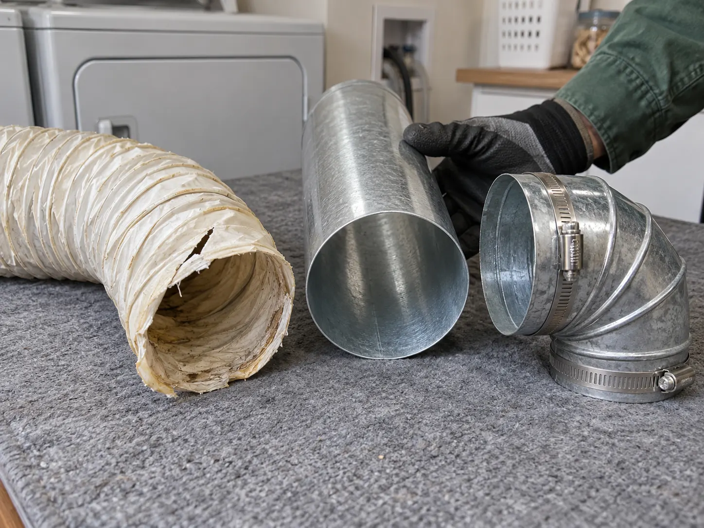 Damaged plastic dryer duct beside smooth metal replacement sections, an elbow and clamps on a protected workbench.