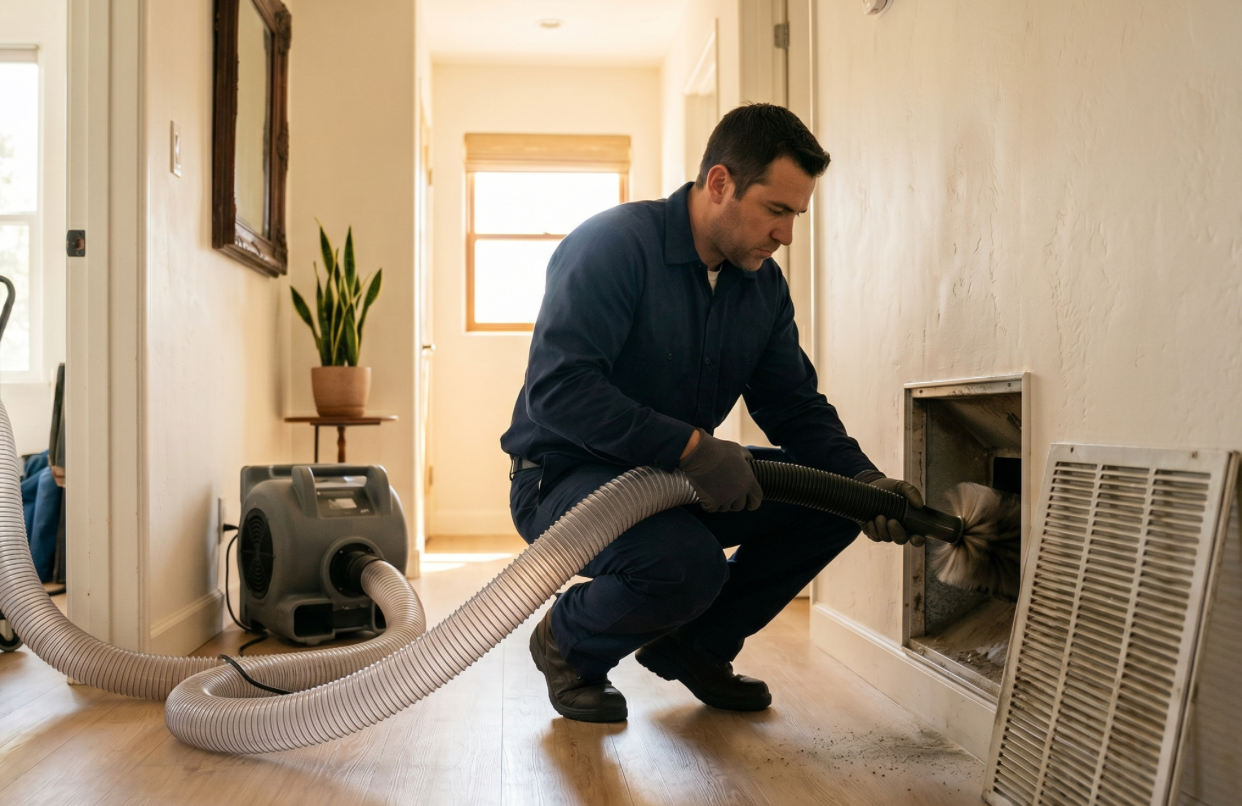 A professional technician in a blue uniform kneeling in a brightly lit home hallway, using a heavy-duty vacuum hose with a brush attachment to clean inside a wall-mounted return air duct.