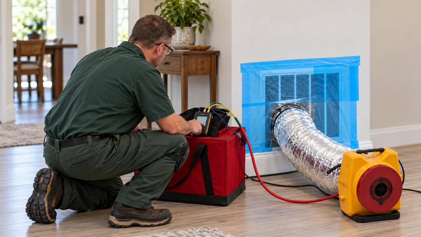 Technician in a forest-green uniform operating a pressure gauge beside duct leakage testing equipment connected to a sealed wall return.