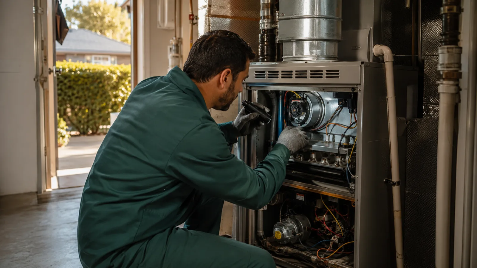 HVAC technician performing professional furnace cleaning and annual maintenance on a residential heating system in Los Angeles.