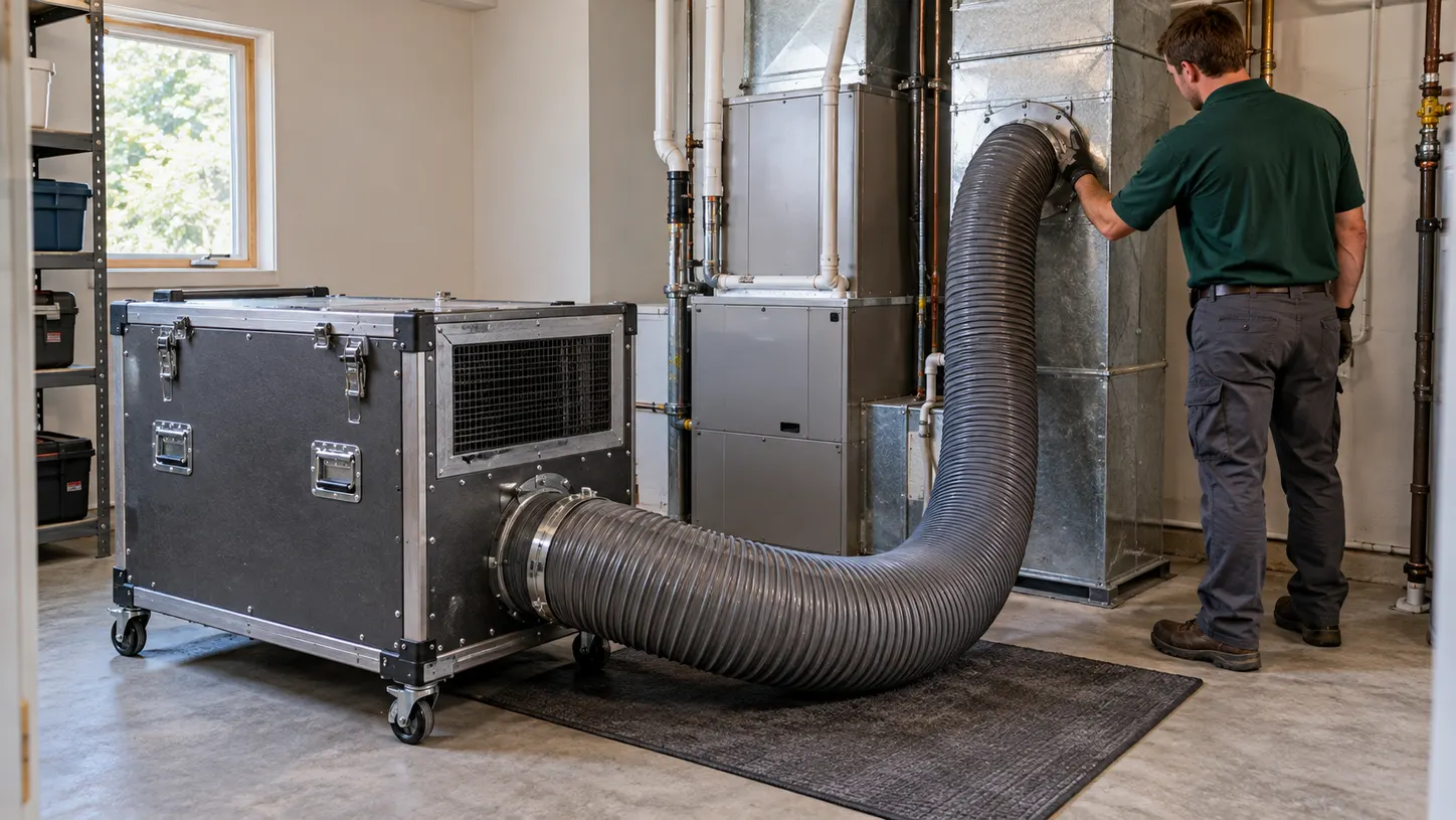Professional collection equipment connected to residential ductwork during cleaning.