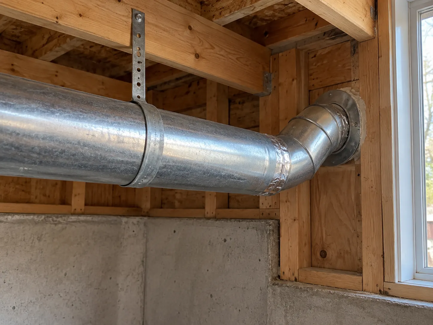 Rigid metal dryer exhaust duct supported beneath exposed framing, with an elbow leading through the exterior wall.