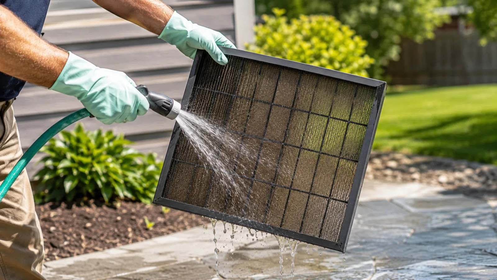 Homeowner rinsing a reusable furnace filter with a garden hose to remove dust and debris before air-drying it completely.