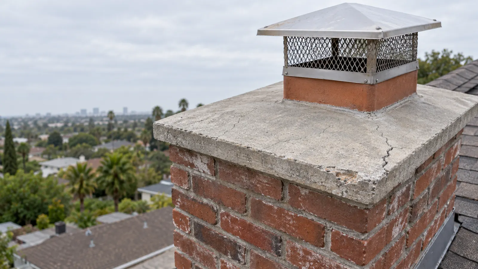 Cracked chimney crown with minor spalling before the rainy season
