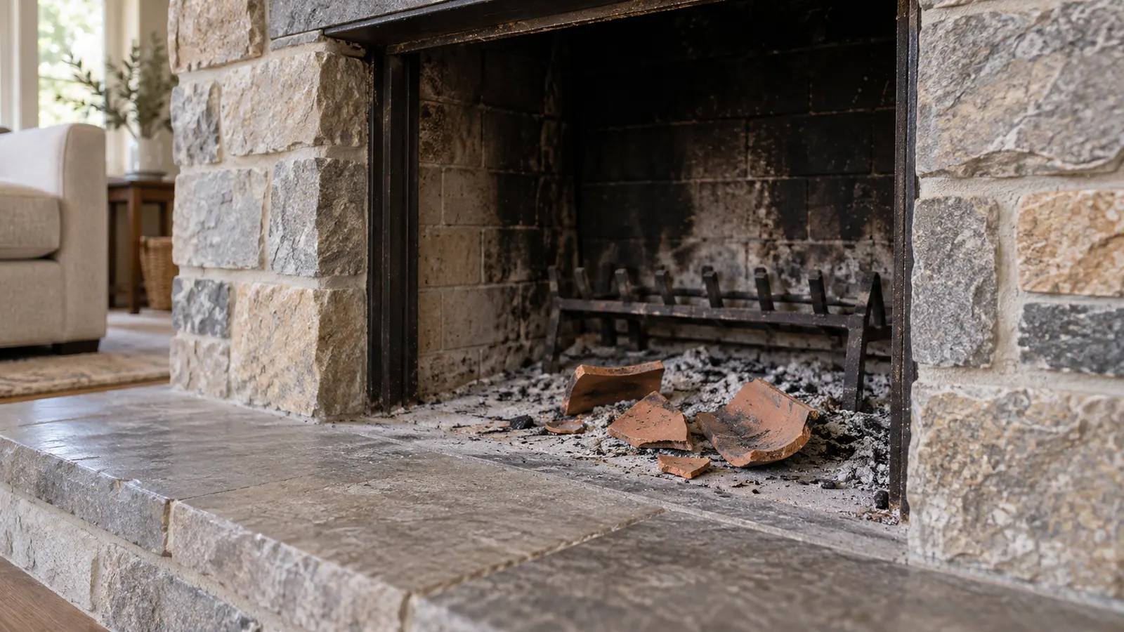 Broken reddish clay fragments lying among ash inside a cold stone fireplace, with the firebox and grate visible behind them.