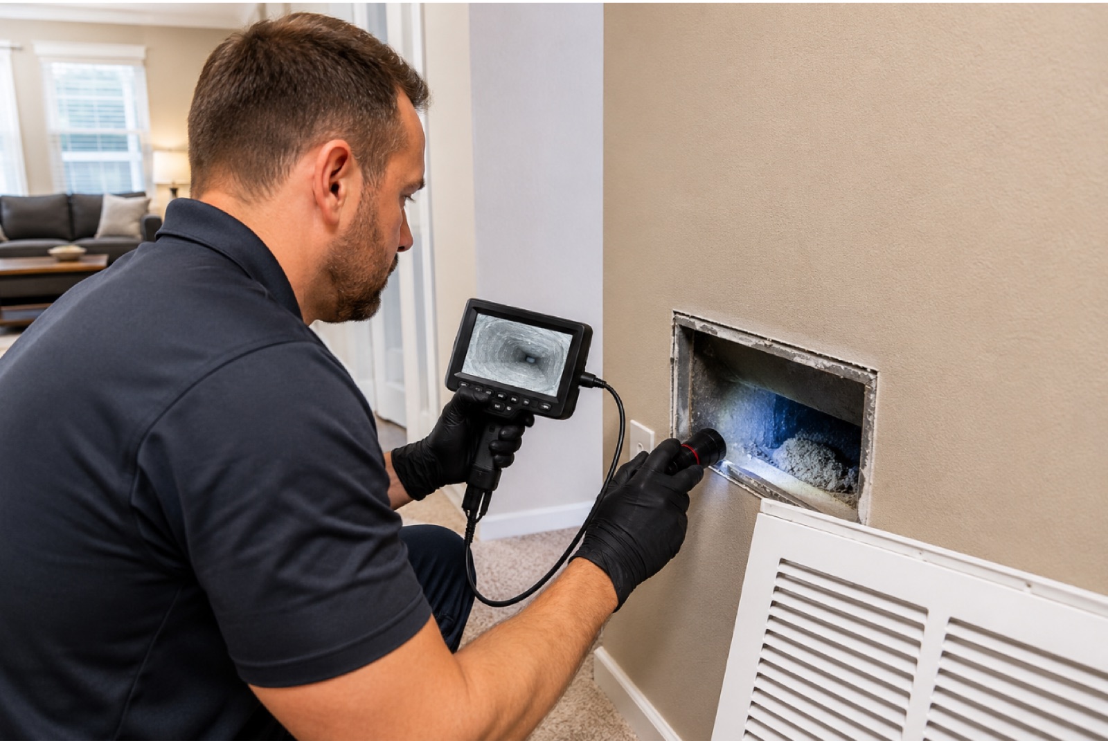 Professional source removal air duct cleaning using negative pressure vacuum equipment