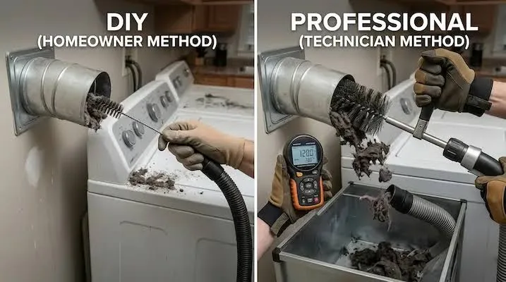 Technician cleaning a dryer vent with a rotary brush to restore airflow