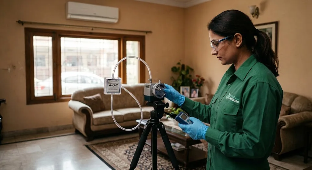Technician using a calibrated air sampling device in a home