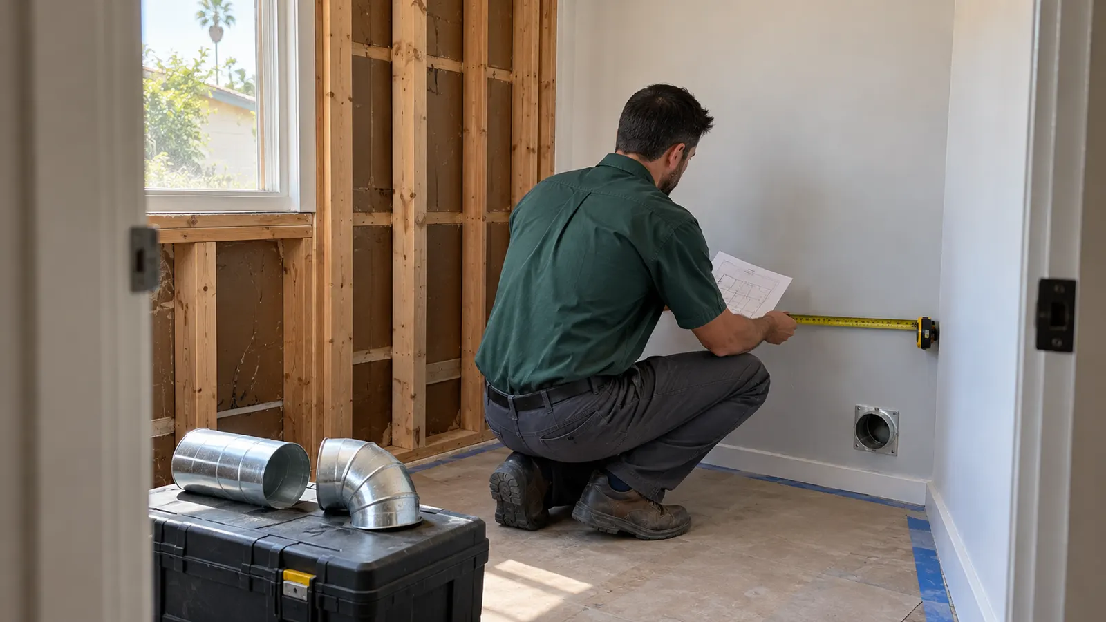 Technician in a forest-green uniform measuring a dryer vent location during a laundry-room renovation, with plans and metal duct fittings nearby.